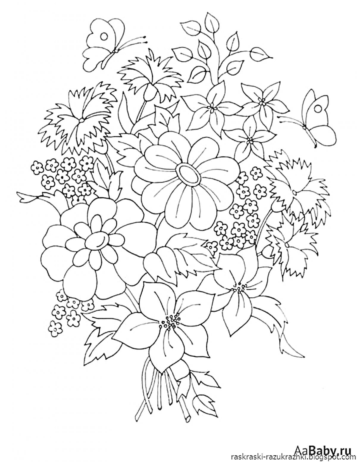 Раскраска Букет с крупными и мелкими цветами, листьями и бабочками
