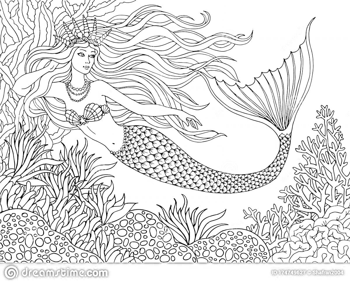 Раскраска Русалка с распущенными волосами и короной плывет среди подводных растений