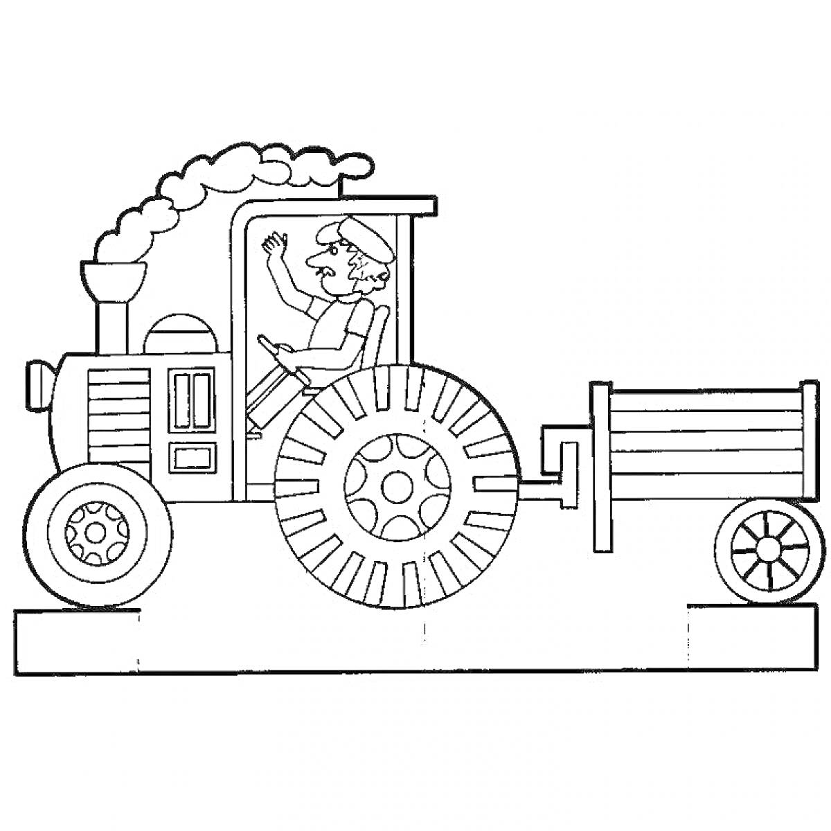На раскраске изображено: Трактор, Водитель, Прицеп, Бочка, Сельское хозяйство, Транспорт, Сельская техника