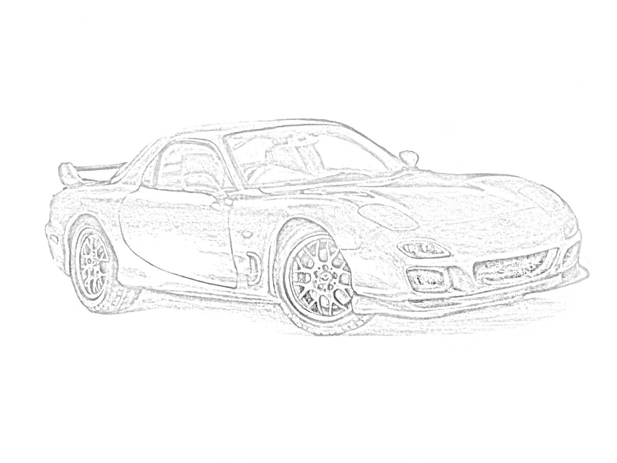Раскраска Mazda RX-7 с передним спойлером, спортивными колесами и зеркалами заднего вида
