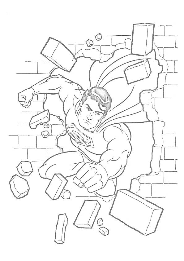 Раскраска Супермен прорывается сквозь кирпичную стену