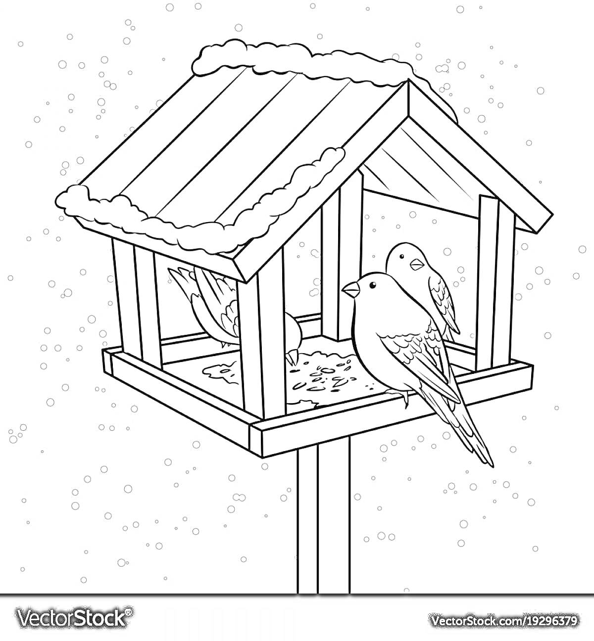 На раскраске изображено: Кормушка, Снег, Домик, Еда для птиц, Кормление птиц, Зима, Природа, Птица