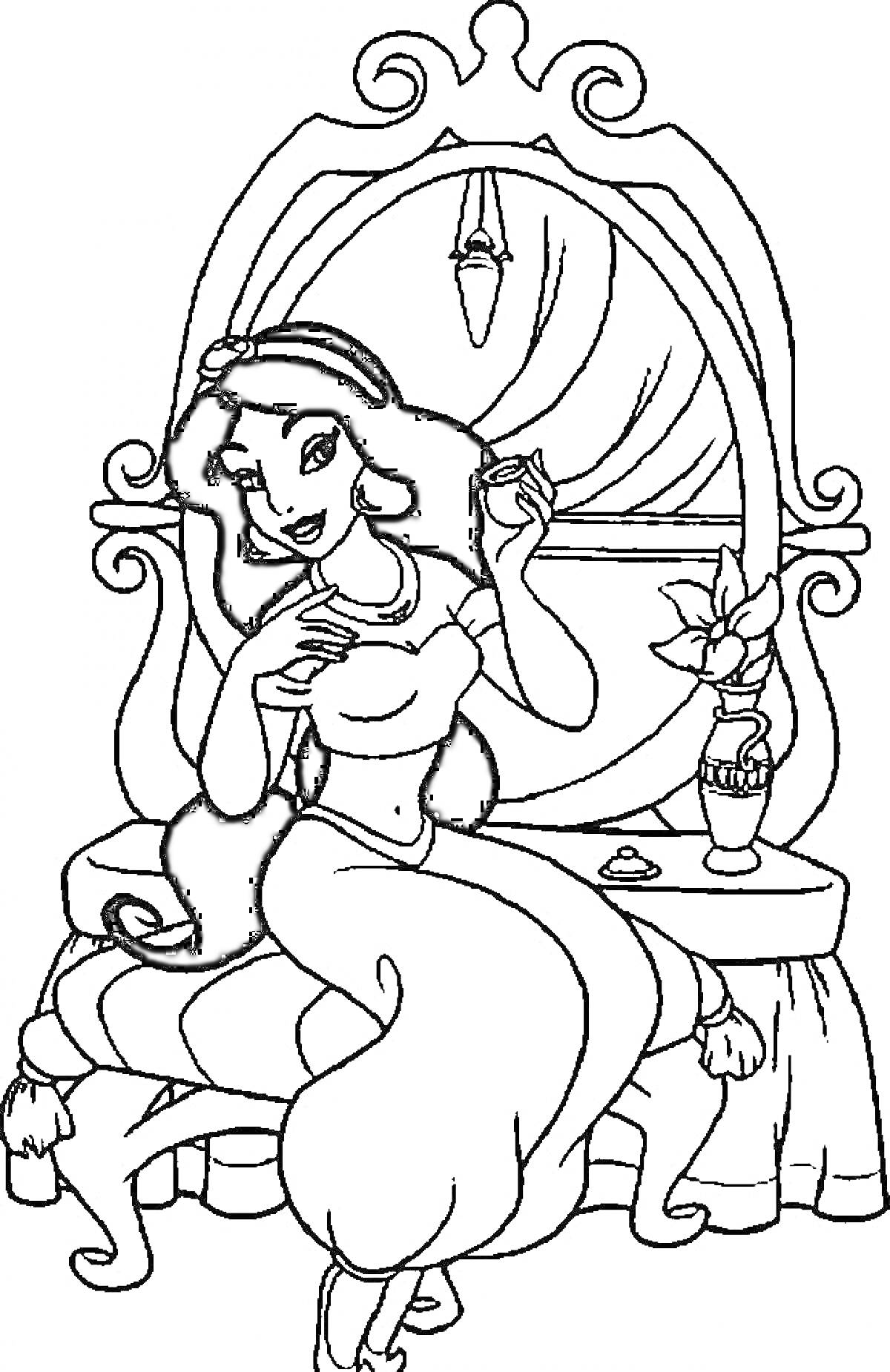 Раскраска Женщина с длинными волосами, сидящая перед трюмо с цветком и зеркалом