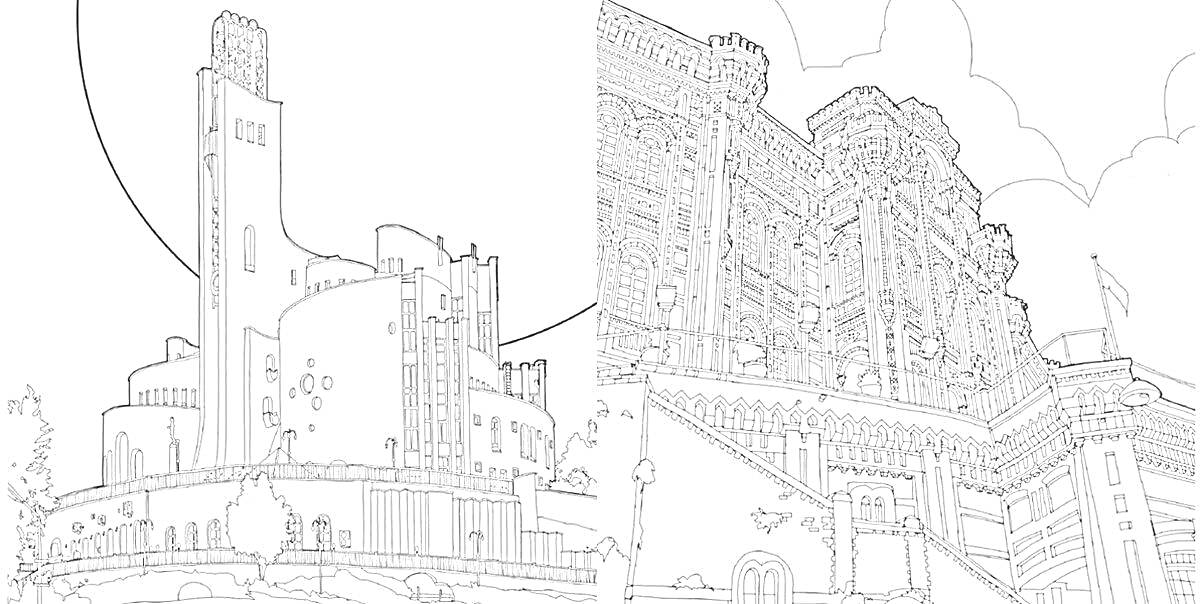 На раскраске изображено: Будущее, Высокие здания, Архитектура, Футуризм, Небоскрёбы, Мост, Города