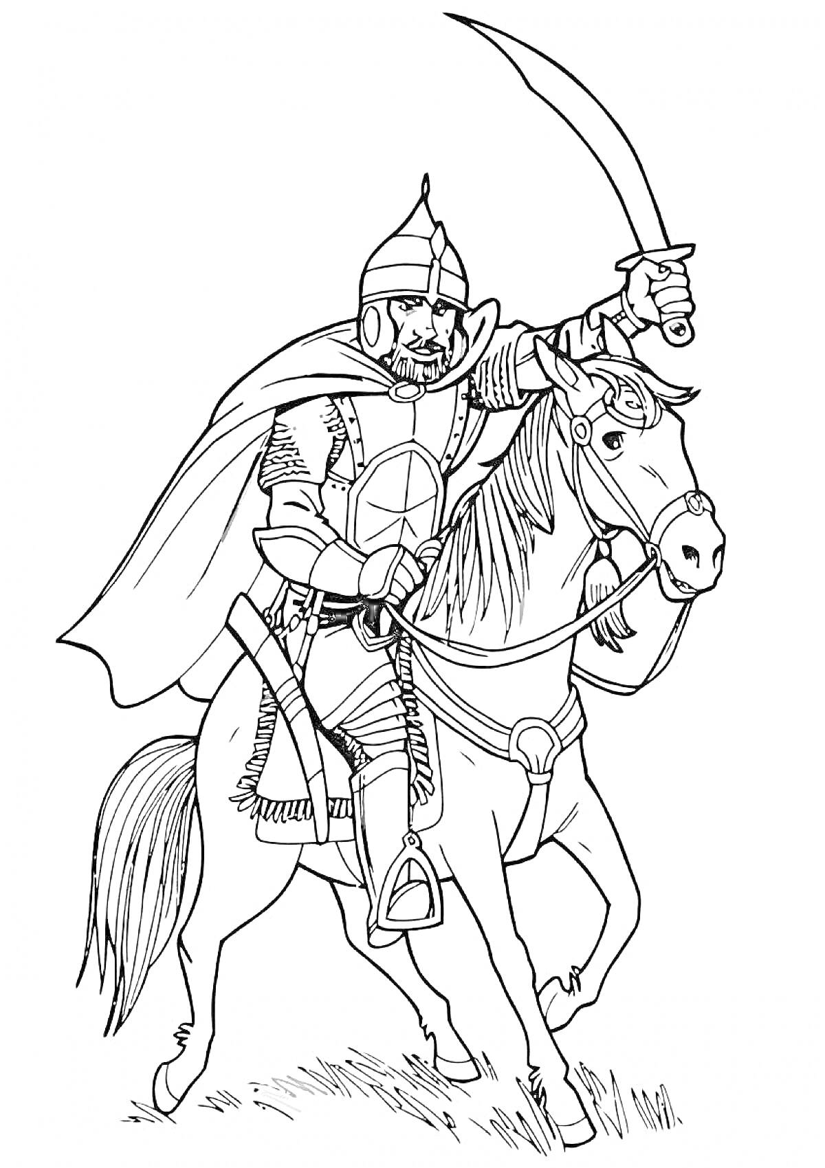 Раскраска Воин всадник с мечом на лошади