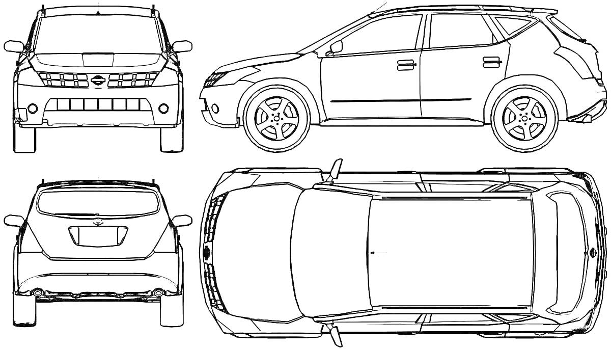 Раскраска Вид спереди, сбоку, сзади и сверху автомобиля Nissan X-Trail