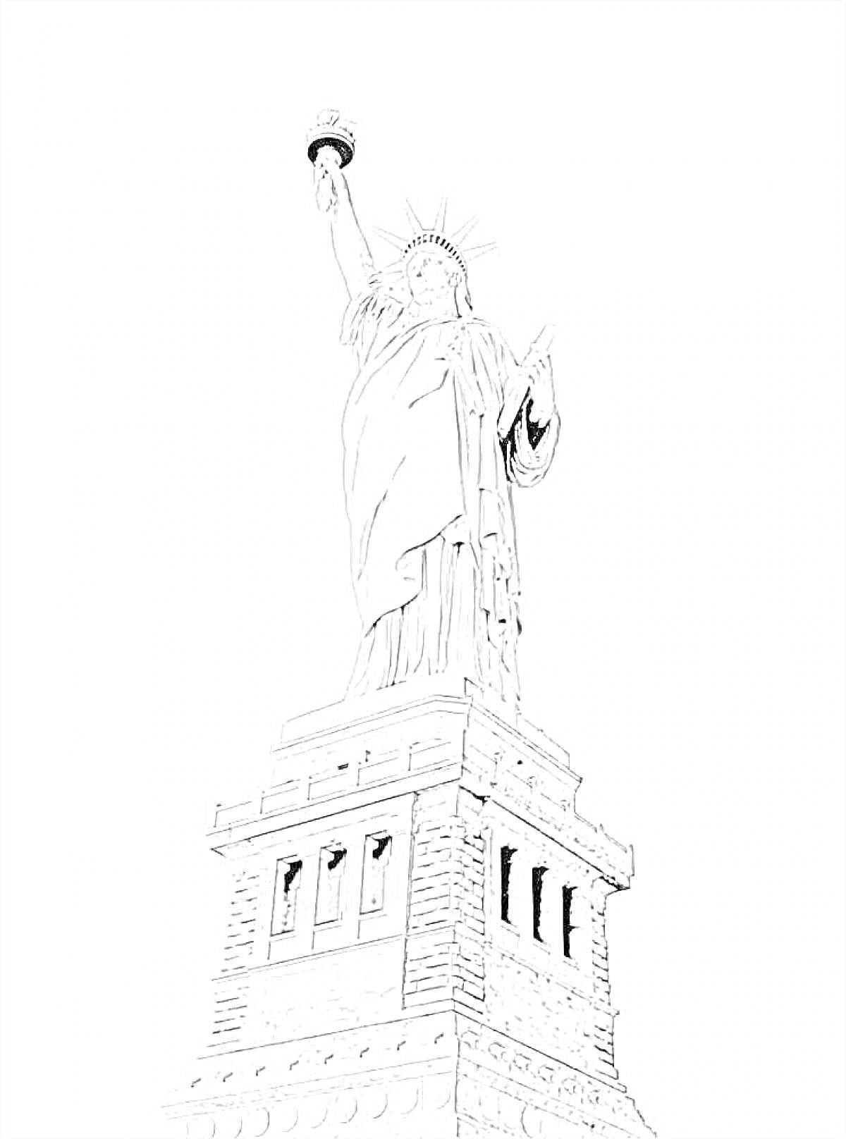 На раскраске изображено: Статуя Свободы, Пьедестал, Нью-Йорк, США, Свобода, Факел, Корона