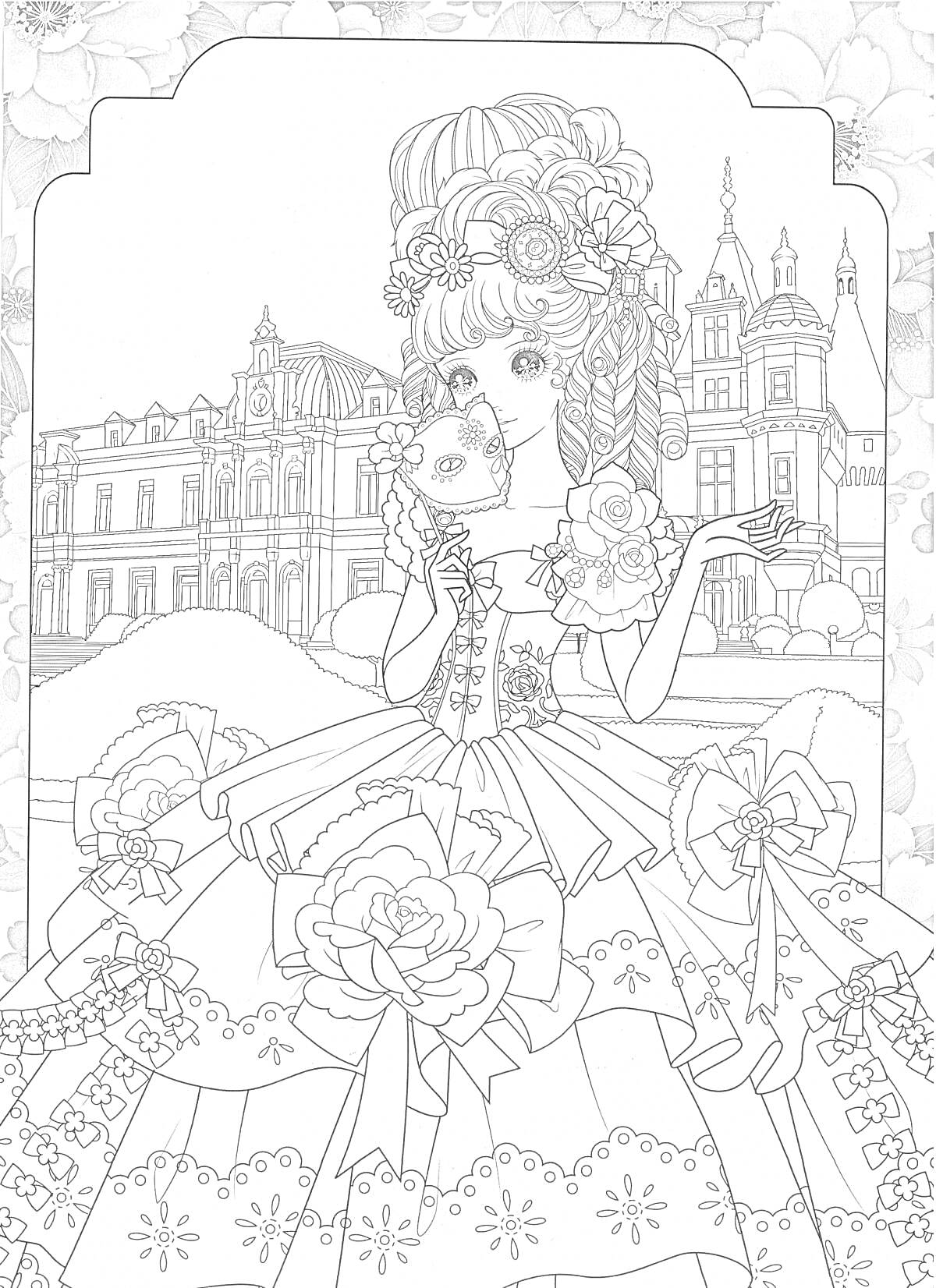 На раскраске изображено: Принцесса, Платье, Розы, Цветы, Замок, Дворец, Волосы, Арка, Архитектура, Цветочная арка, Красивое платье