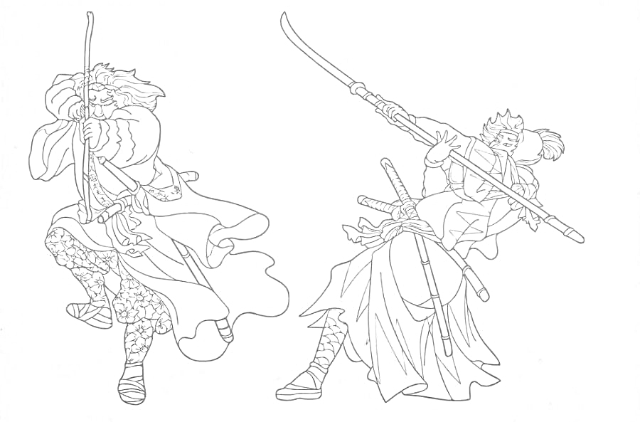 Раскраска Самураи с мечами в боевой позе