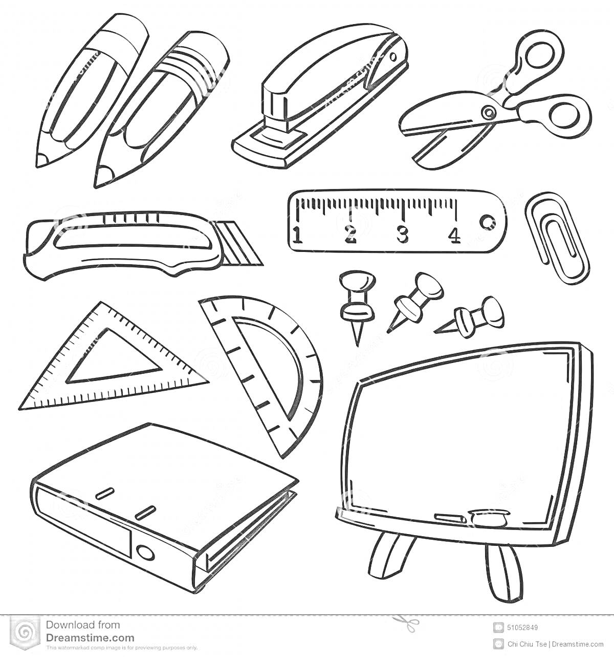 Раскраска Карандаши, ластик, степлер, ножницы, линейка, скрепка, угольник, транспортир, кнопки, папка, доска