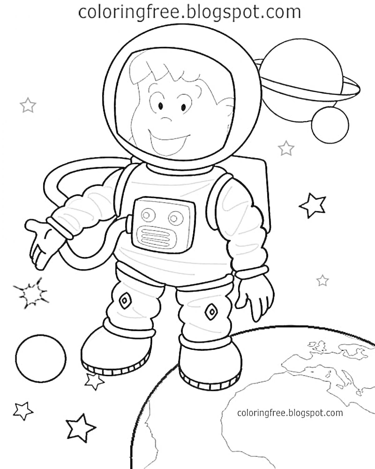 Раскраска Космонавт в космосе, стоящий на планете Земля, с окружающими звездами и планетами