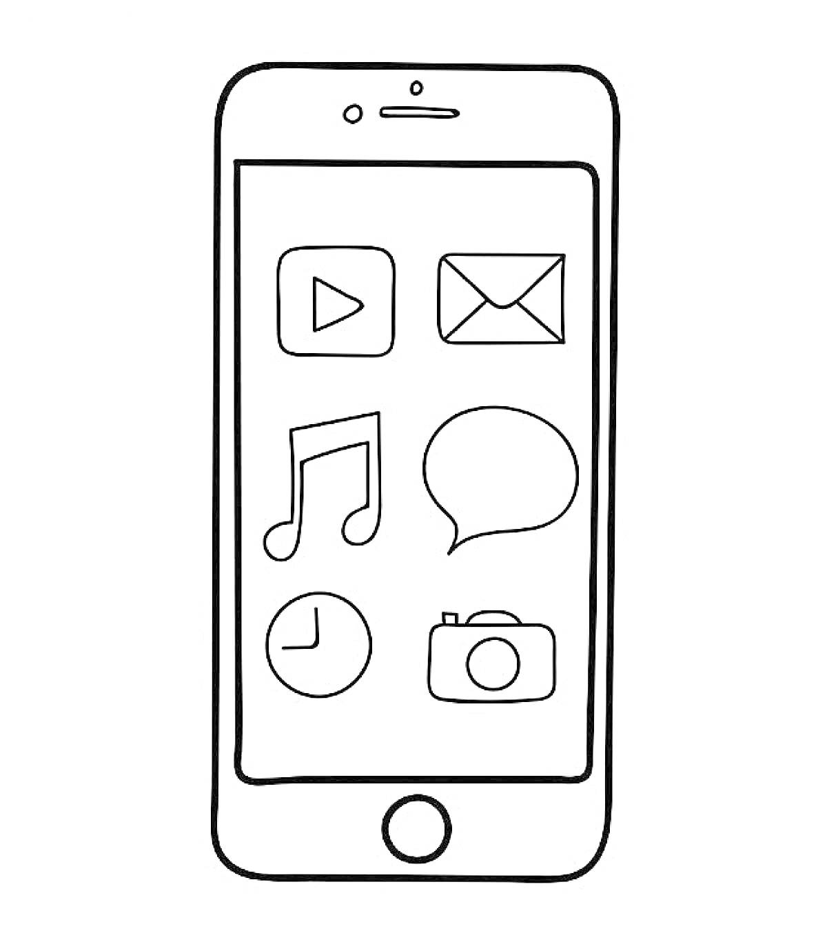 Мобильный телефон с иконками приложения (плей, письмо, музыка, чат, часы, камера)