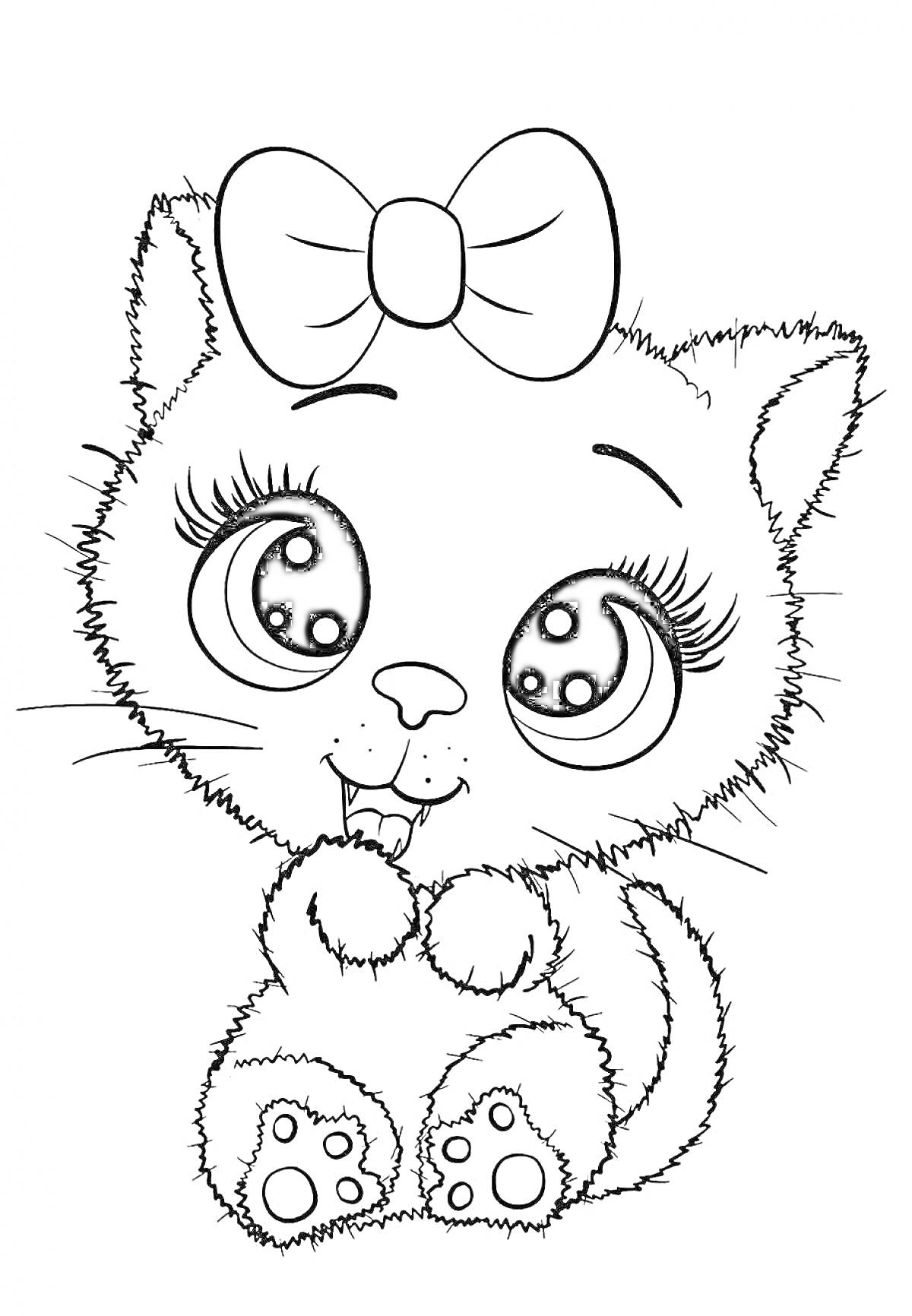 Раскраска Милый котенок с бантиком, пушистый котенок с большими глазами
