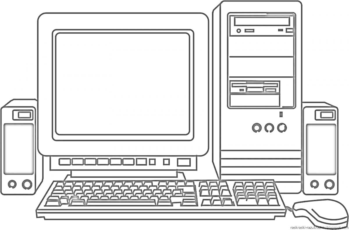 На раскраске изображено: Компьютер, Монитор, Системный блок, Клавиатура, Мышь, Колонки, Офисное оборудование, Техника, Электроника