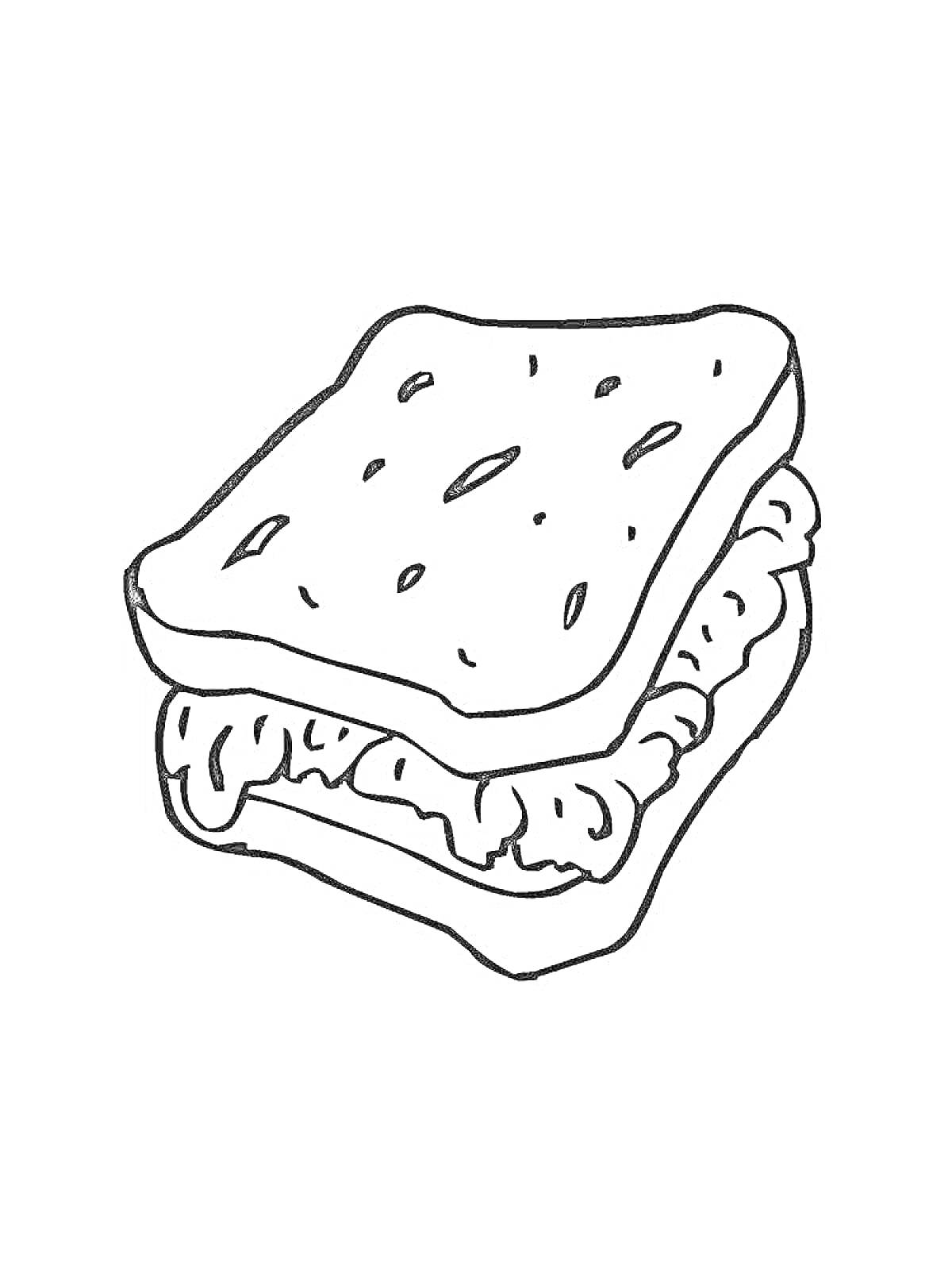 На раскраске изображено: Сэндвич, Хлеб, Начинка, Бутерброд, Еда, Обед