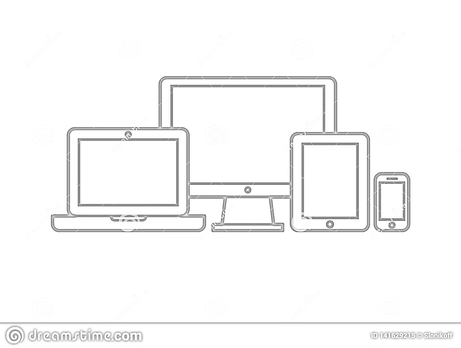 Раскраска Лэптоп, стационарный компьютер, планшет и смартфон