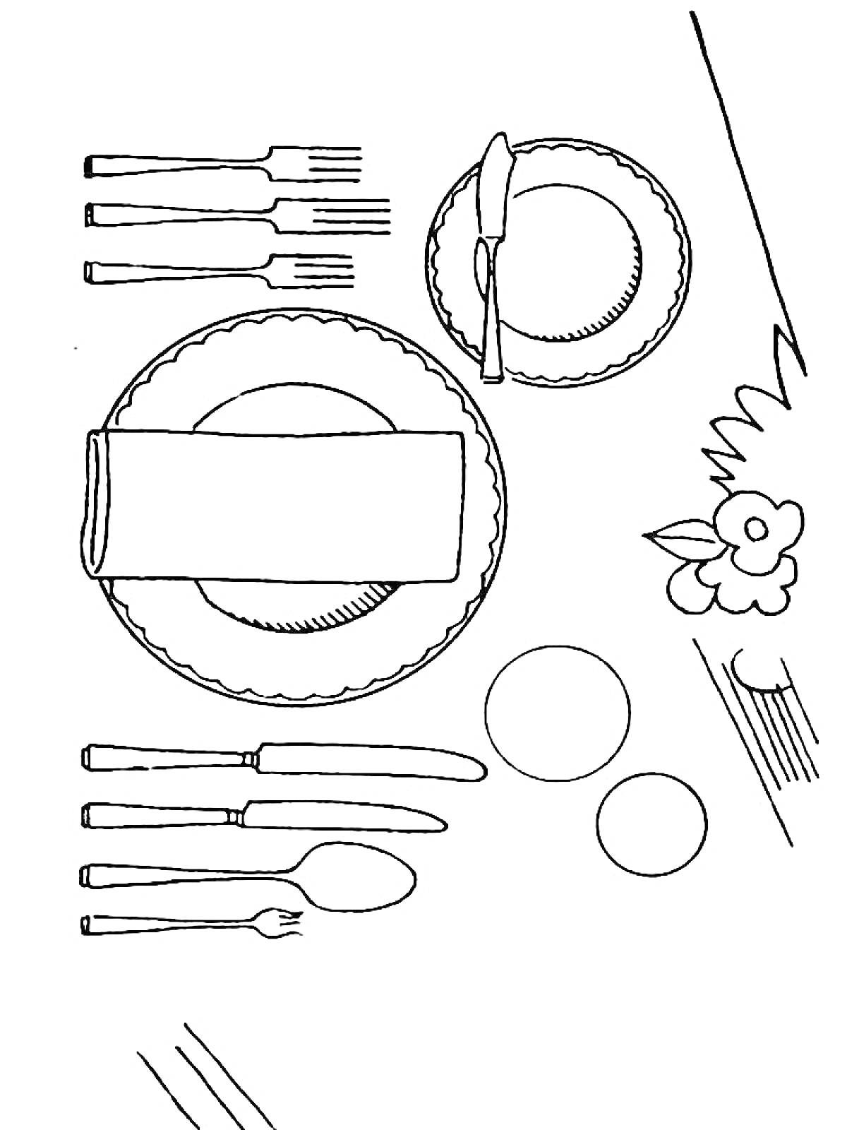 На раскраске изображено: Посуда, Салфетки, Сервировка, Нож, Тарелка, Цветы, Ложка