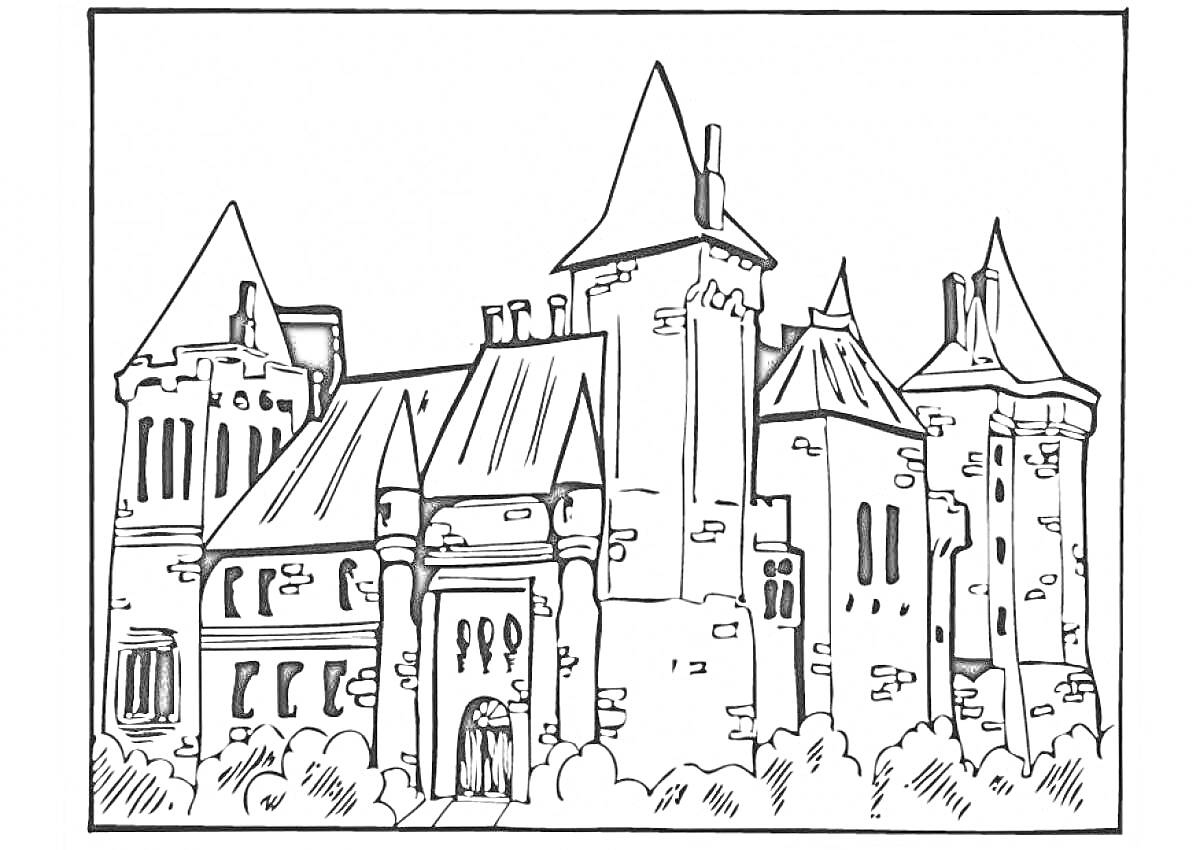 Раскраска Средневековый замок с тремя башнями, окнами и воротами, окружённый кустами