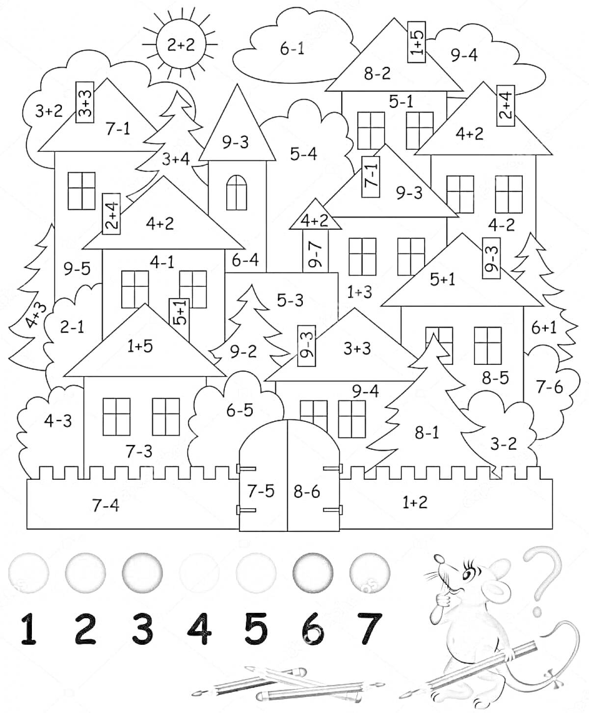 Раскраска Состав числа 5: Раскраска дома с математическими задачами для дошкольников, мышка с кисточкой, цветные карандаши
