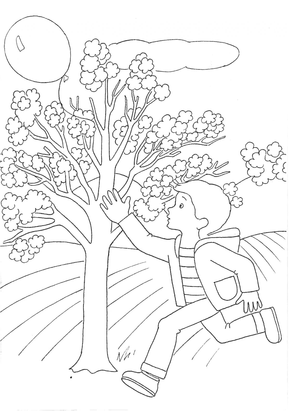 Раскраска Мальчик в майке и куртке, бежит к дереву с листвой, с воздушным шаром в небе и облаками
