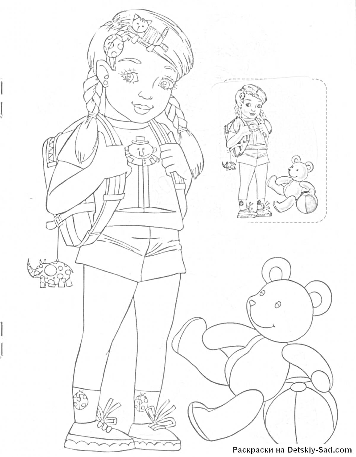 Раскраска Девочка с рюкзаком, медведь, динозаврик и наклейка девочки и медведя с мячом