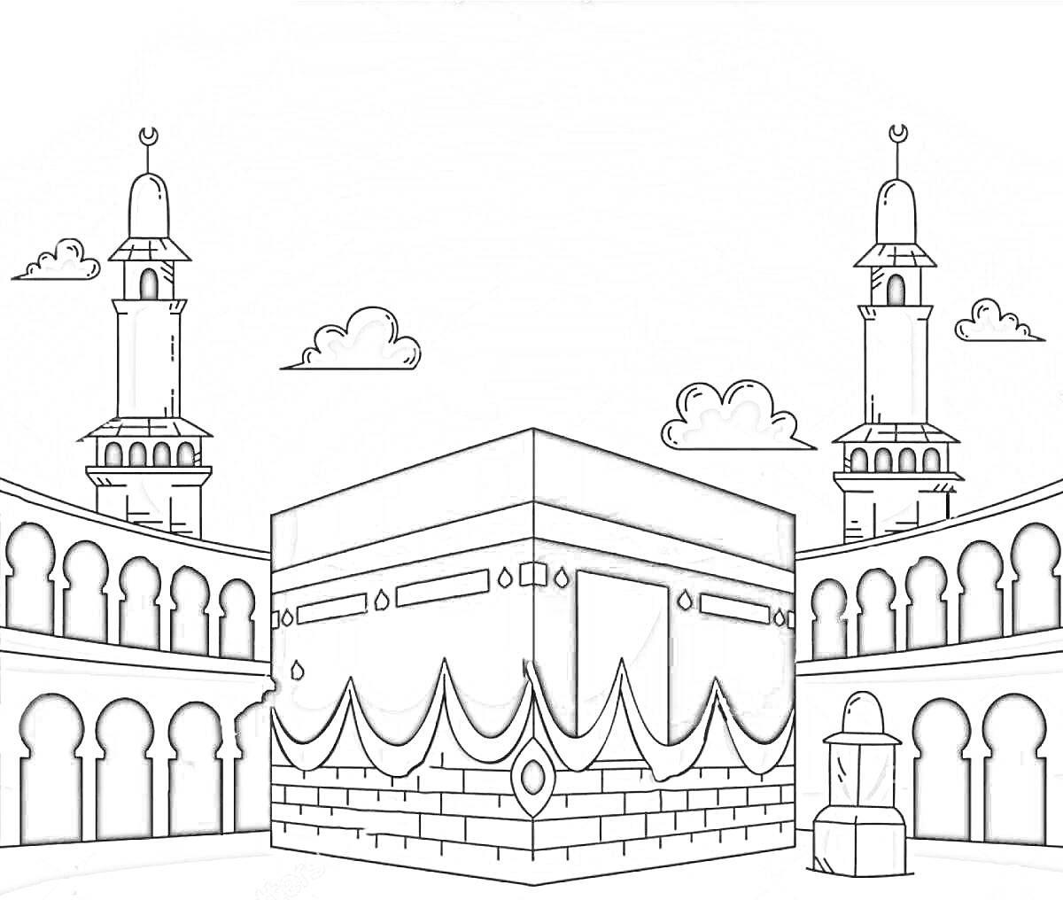На раскраске изображено: Кааба, Мекка, Ислам, Мечеть, Минареты, Облака, Архитектура, Религия