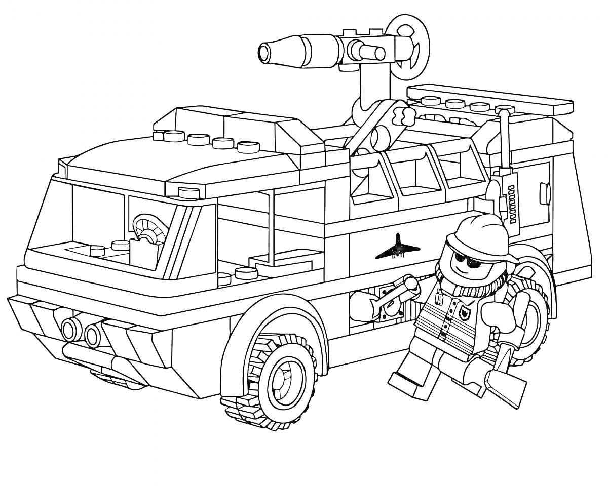 Раскраска Лего машина с дробовиком и фигуркой человека в шлеме