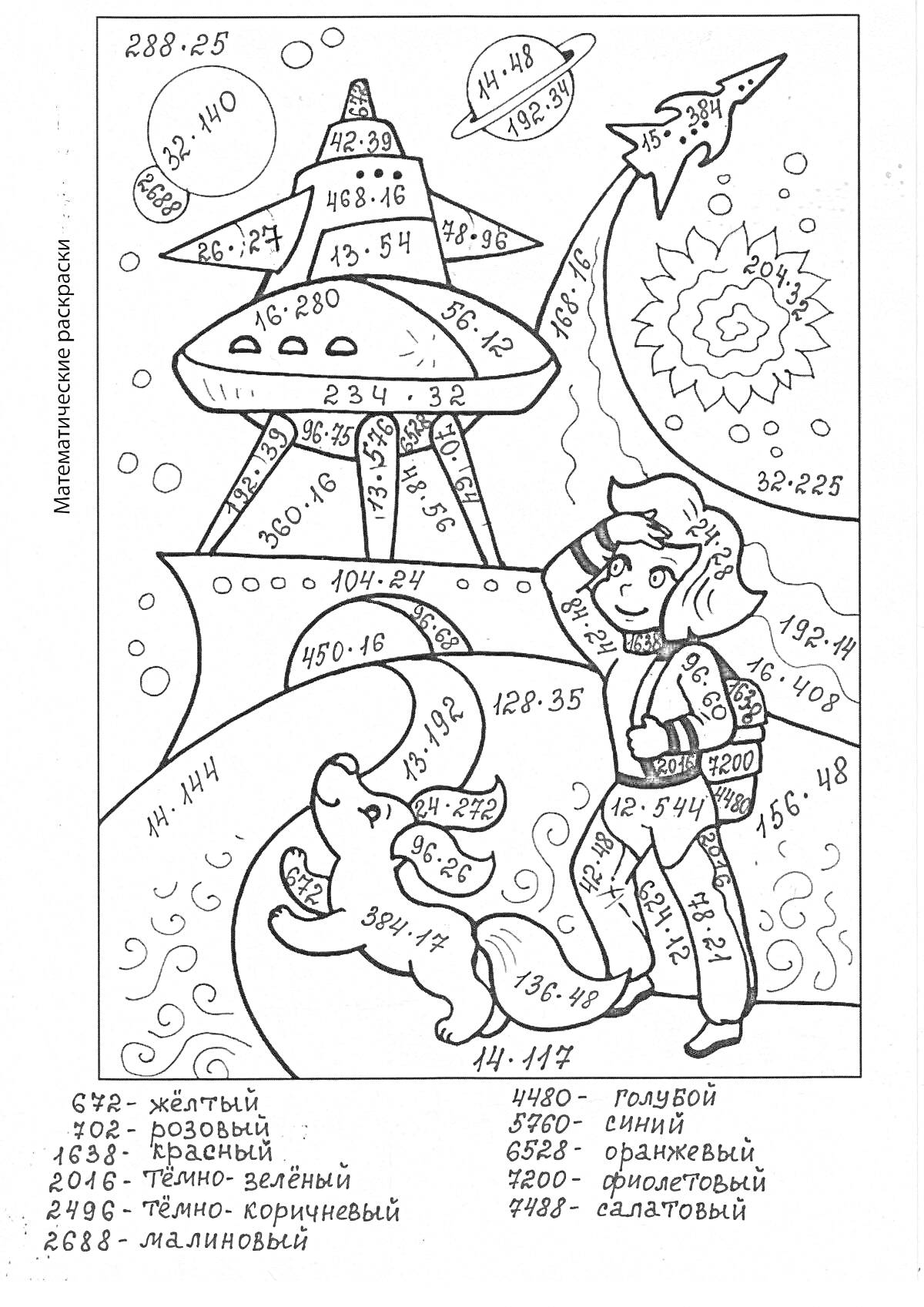 На раскраске изображено: Математика, Школьная, Космос, Ребенок, Собака, Космический корабль, Астероиды, 4 класс