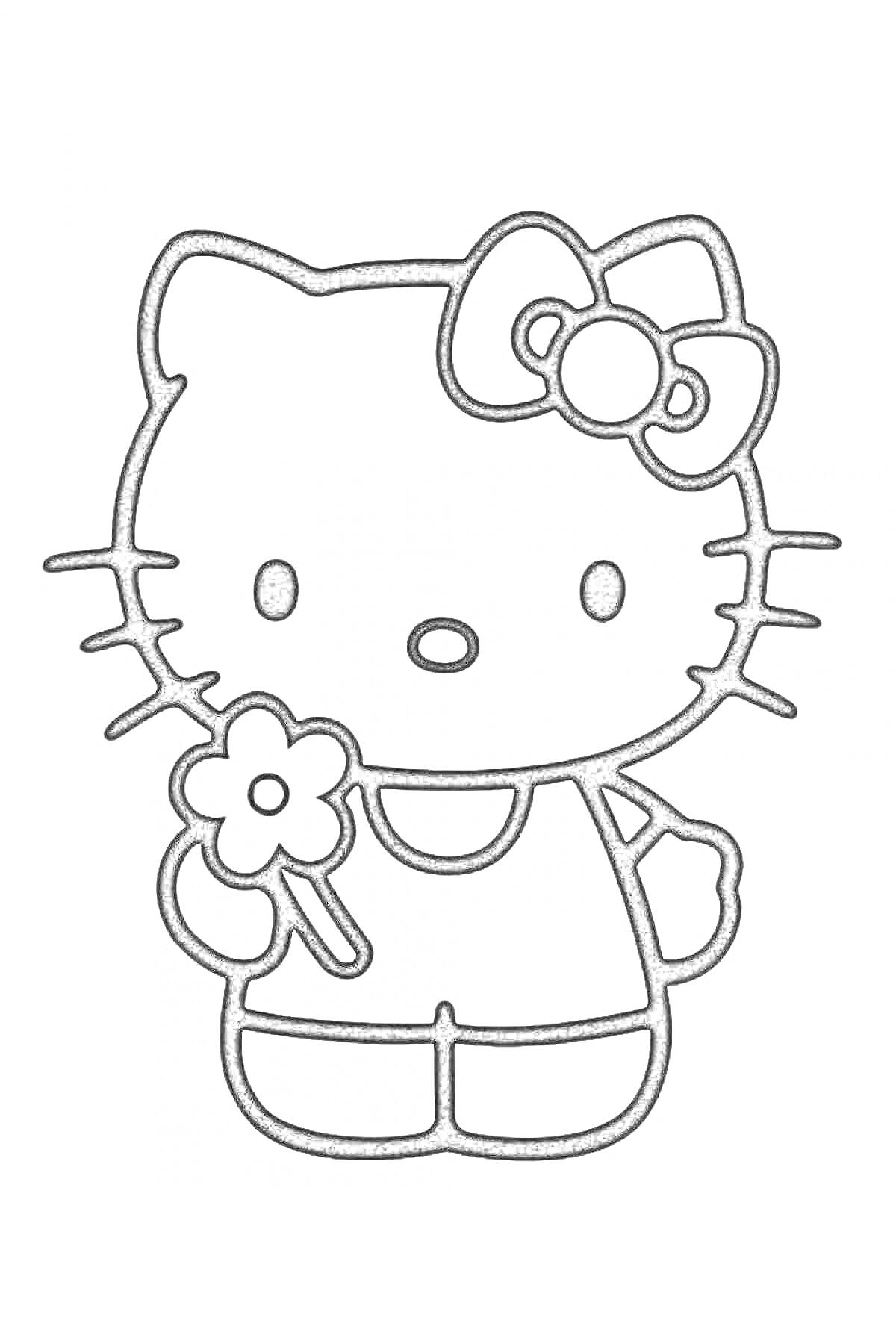 Раскраска Hello Kitty с цветком в руках и бантиком на голове