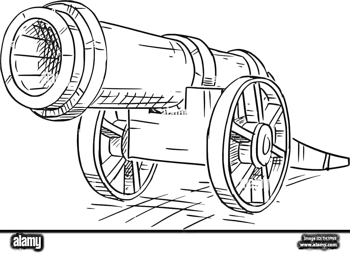 Раскраска Пушка на колесах с детализированной прорисовкой элементов