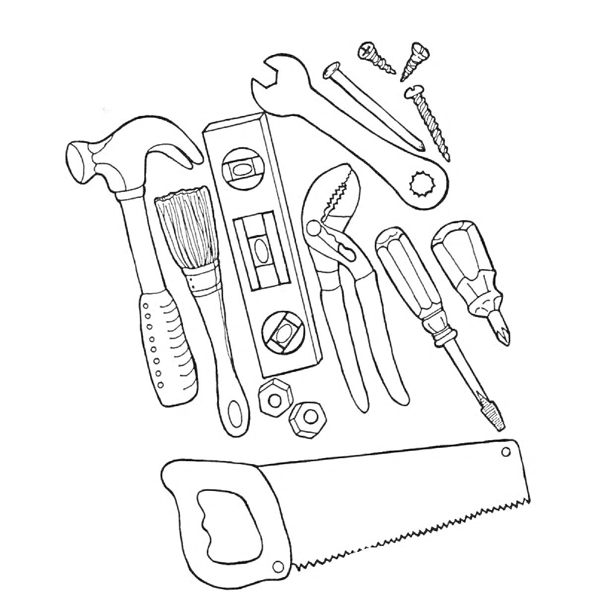 Молоток, кисть, разводной ключ, уровень, плоскогубцы, отвертки, винты, болты, гайки, пила