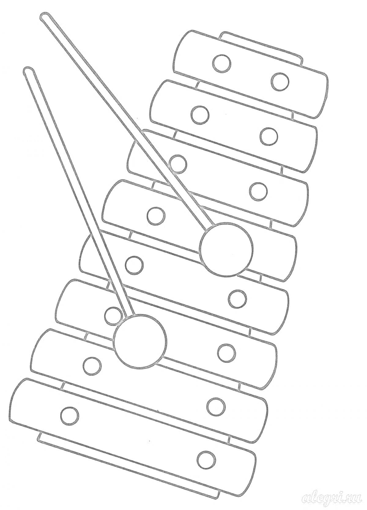 Раскраска Ксилофон с палочками на белом фоне
