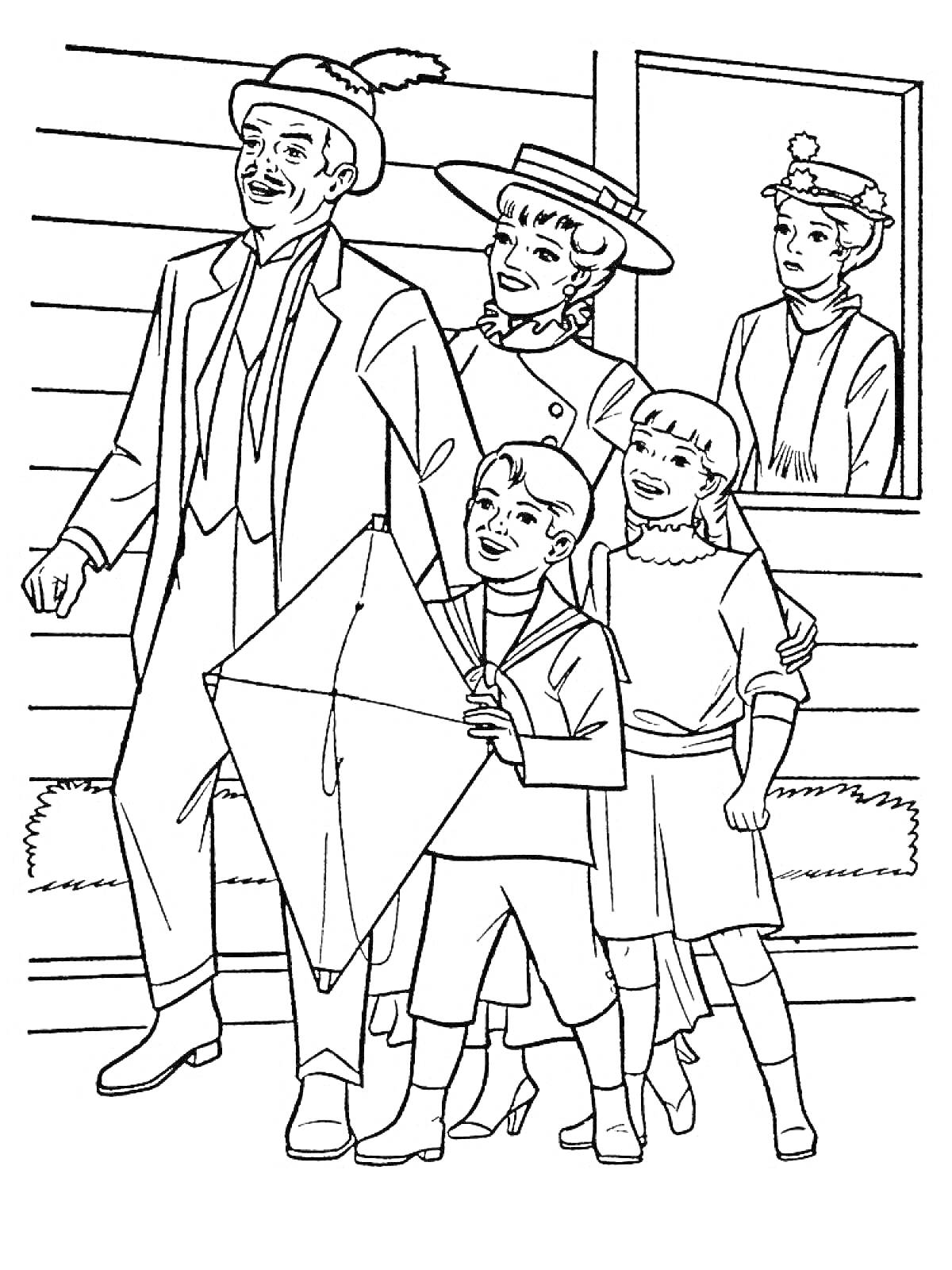 На раскраске изображено: Мэри Поппинс, Семья, Воздушный змей, Шляпа, Для детей, Окна, Улицы
