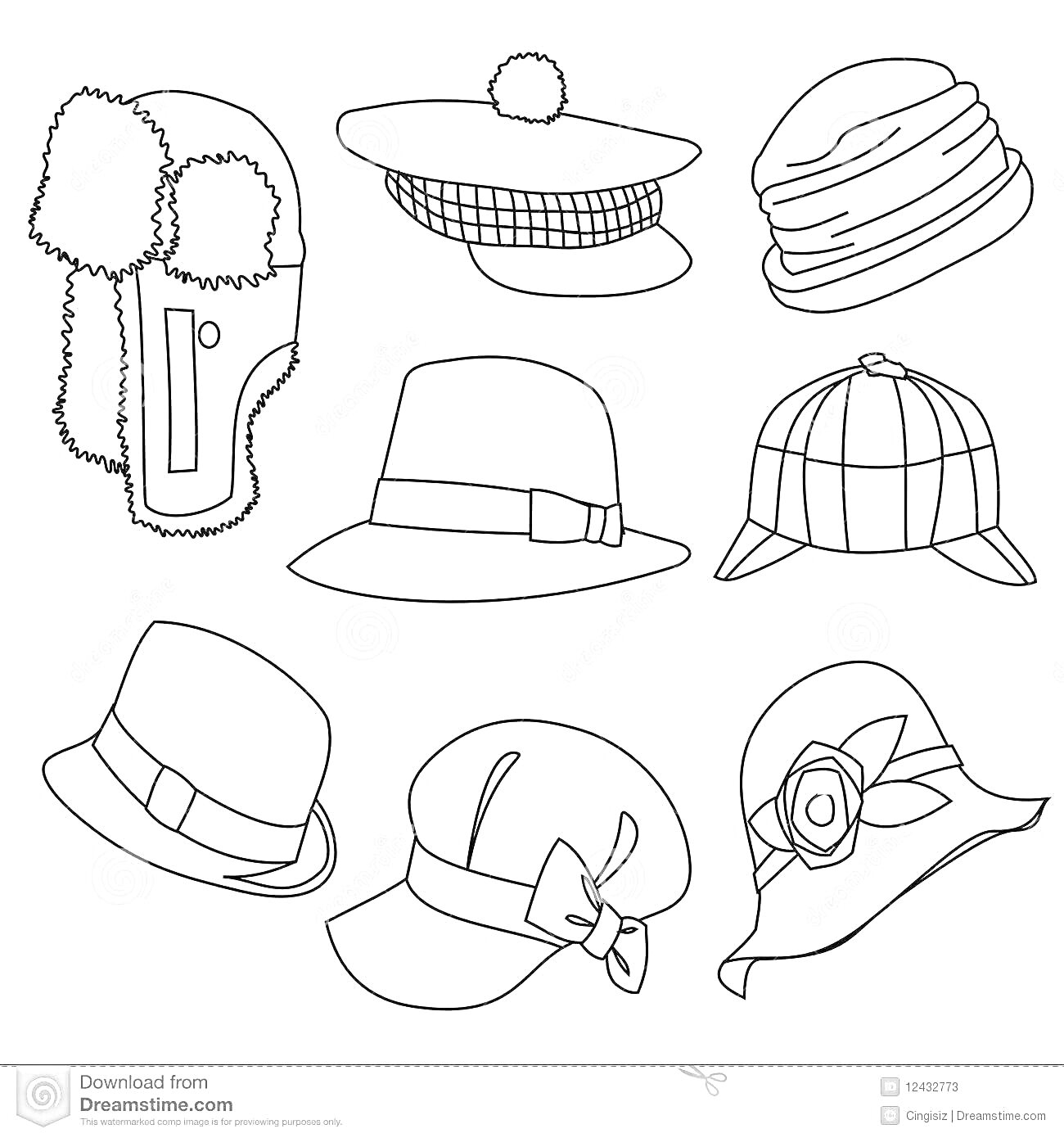 Раскраска Ушанка, кепка с помпоном, вязаная шапка, федора, кепи, шляпа с лентой, шапка с бантом, шляпа с цветком