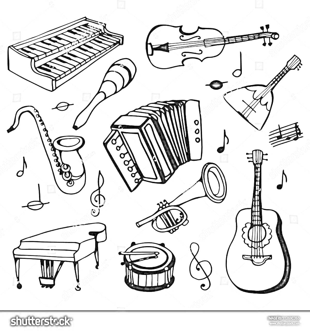 Раскраска Музыкальные инструменты: клавиши, маракасы, скрипка, балалайка, саксофон, аккордеон, труба, пианино, барабан, гитара, рожок, тромбон