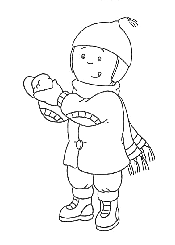 Раскраска Каю в зимней одежде с лопатой в руках