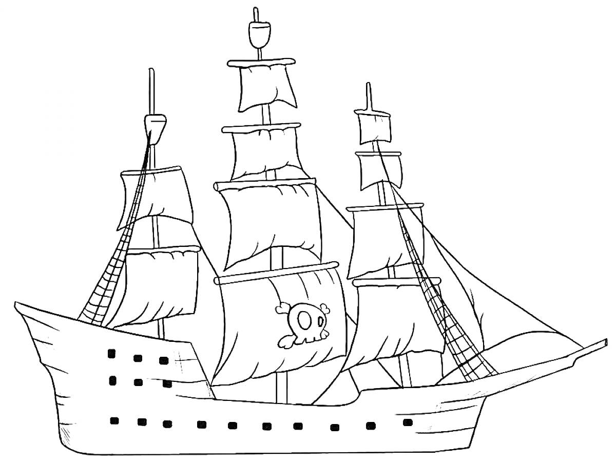 На раскраске изображено: Корабль, Череп, Кости, Канаты, Иллюминаторы, Морской транспорт, Парусники