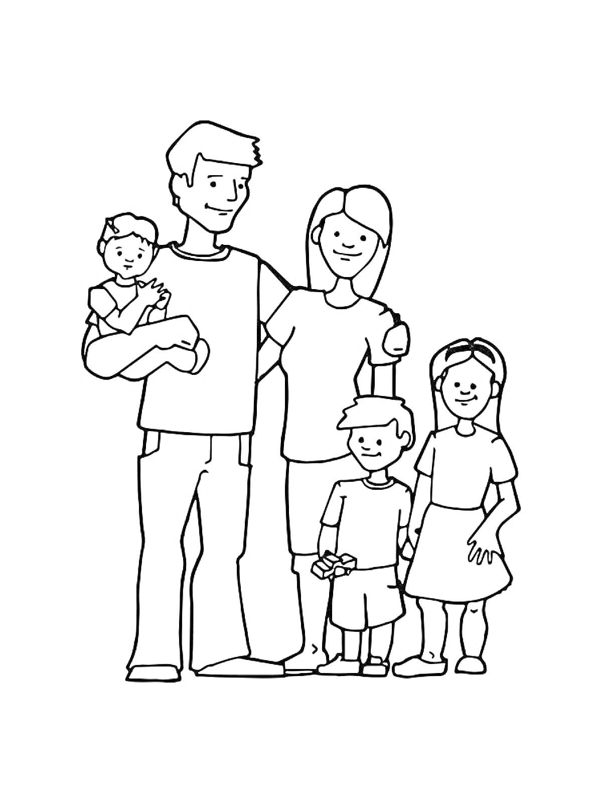Раскраска Семейный портрет с родителями и тремя детьми, один из которых находится на руках.