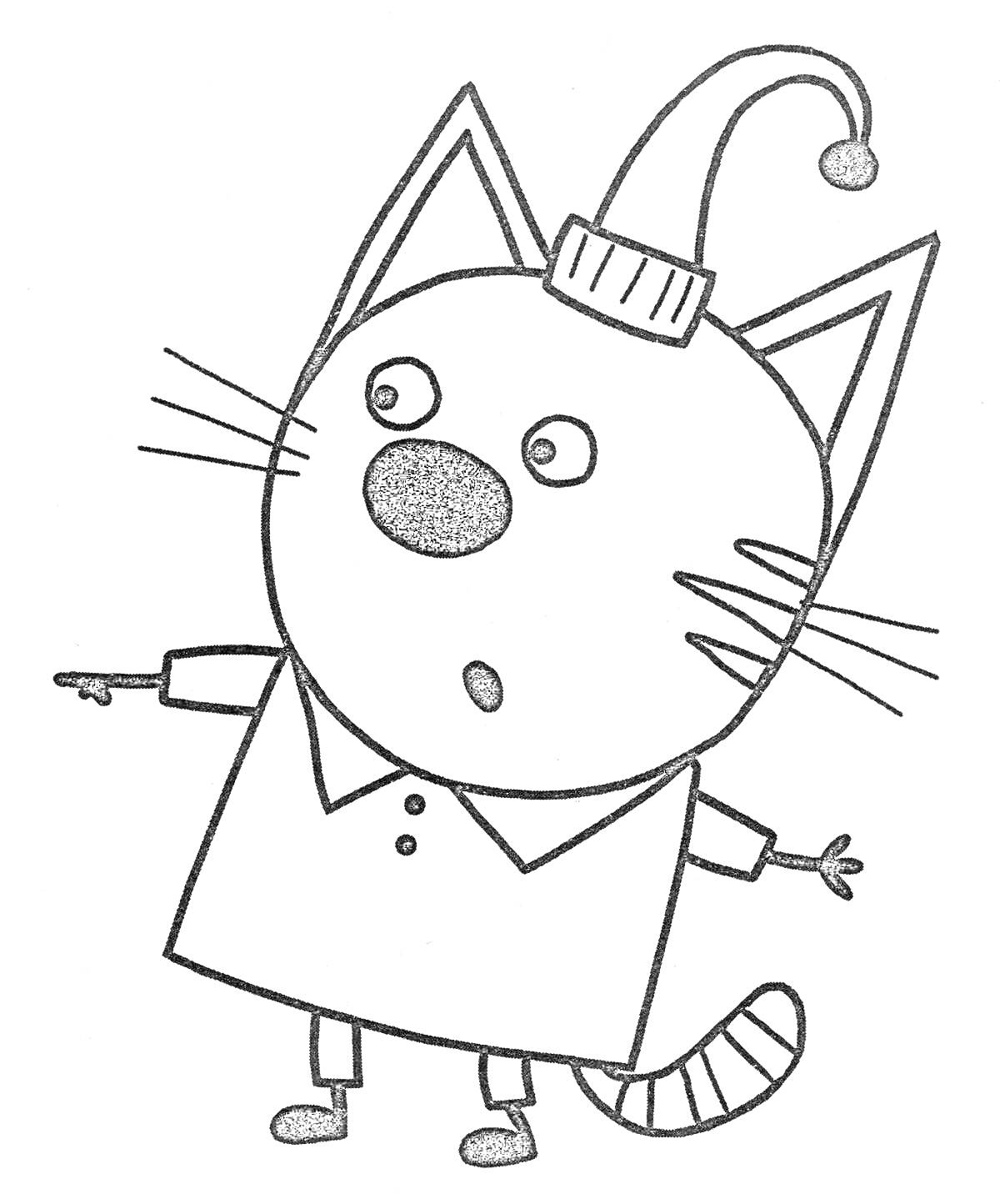 Раскраска Кот в колпаке, показывает пальцем влево