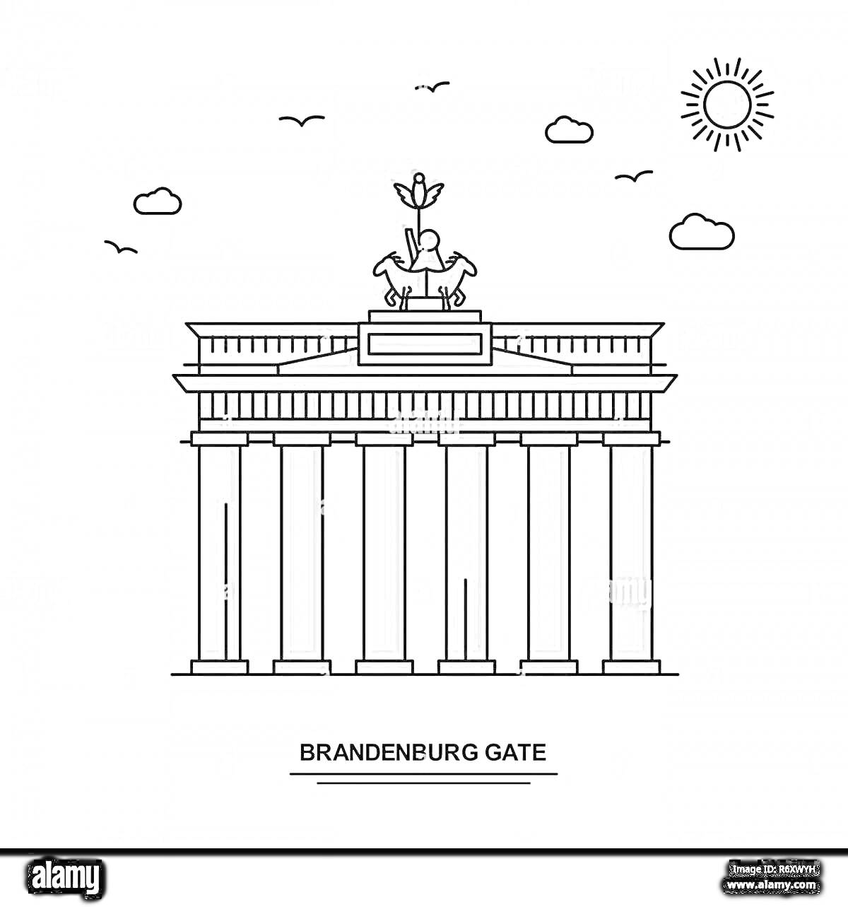 Раскраска Бранденбургские ворота с квадригой на вершине, солнце, облака и птицы на фоне