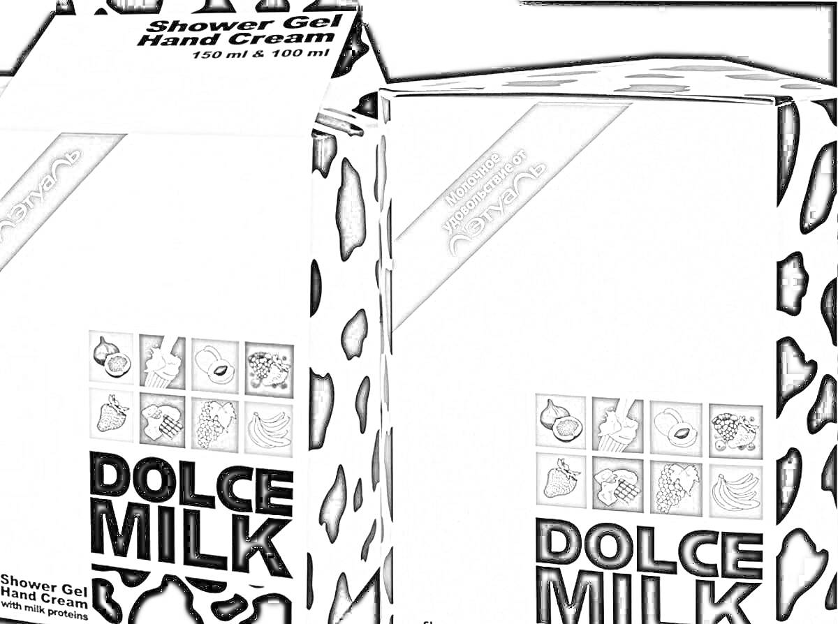 На раскраске изображено: Dolce Milk, Гель для душа, Крем для рук, Упаковка, Коробка, Уход за кожей