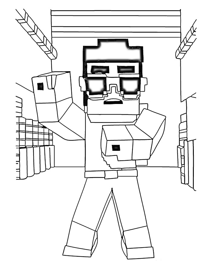 Раскраска Персонаж в очках, поднимающий руки, сзади ряды блоков