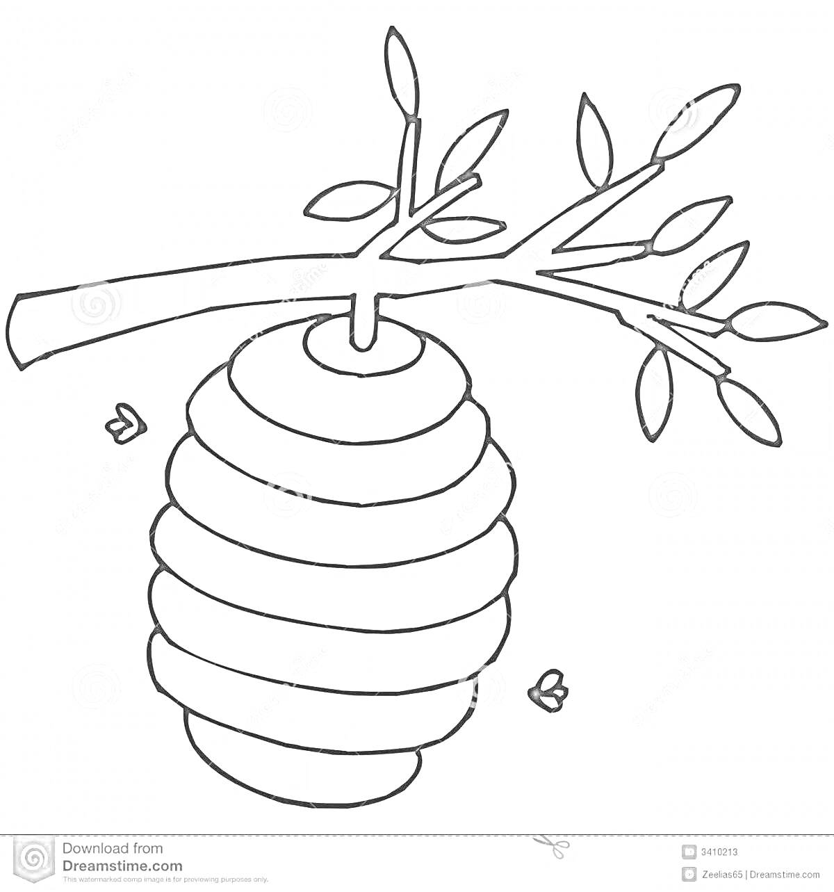 На раскраске изображено: Улей, Ветка, Листья, Пчелы, Для детей