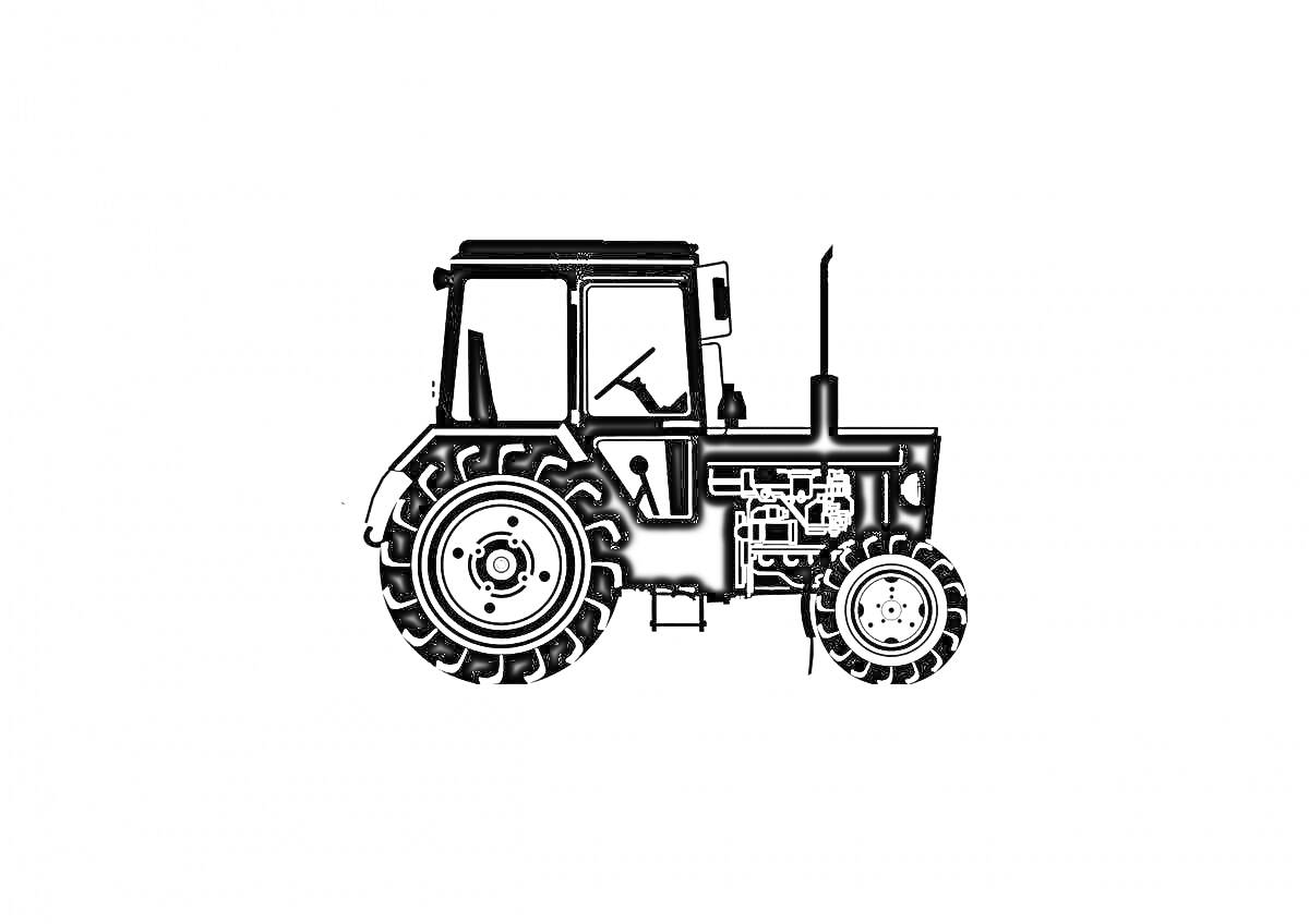 На раскраске изображено: Трактор, Колёса, Мотор, Сельское хозяйство