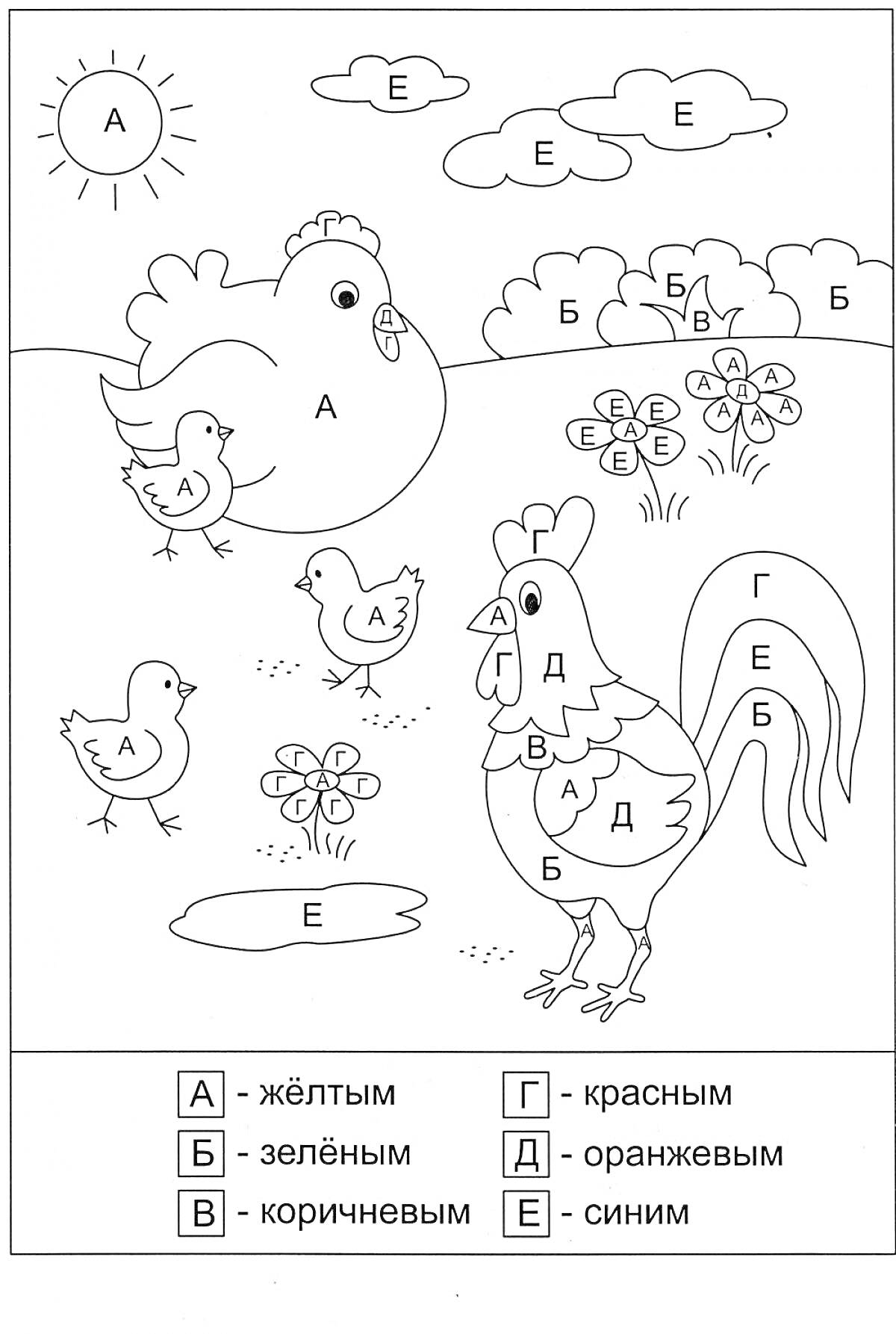 На раскраске изображено: Цыплята, Петух, Луг, Цветы, Облака, Трава, Расшифровка, Природа