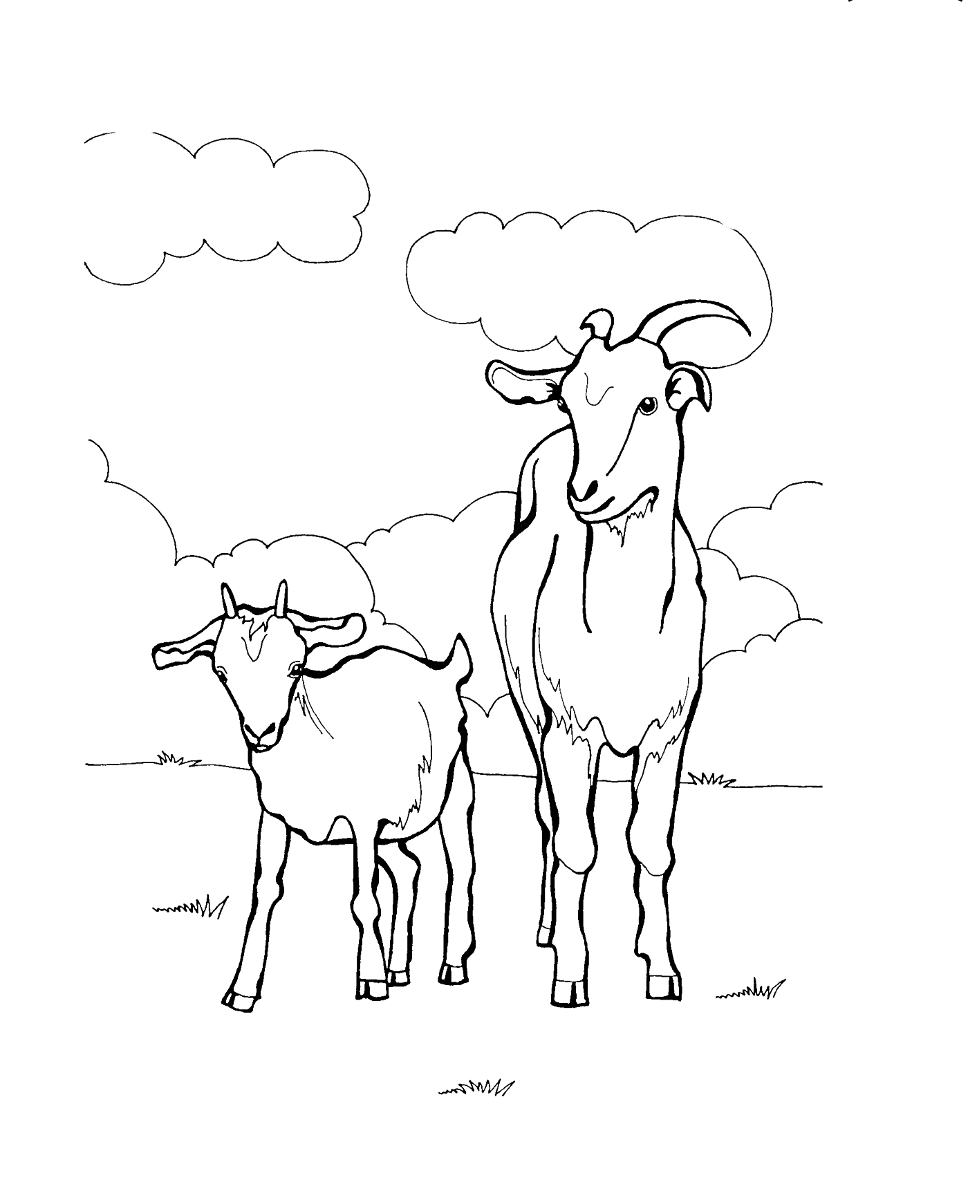 Раскраска Коза и козленок на фоне облаков и природы