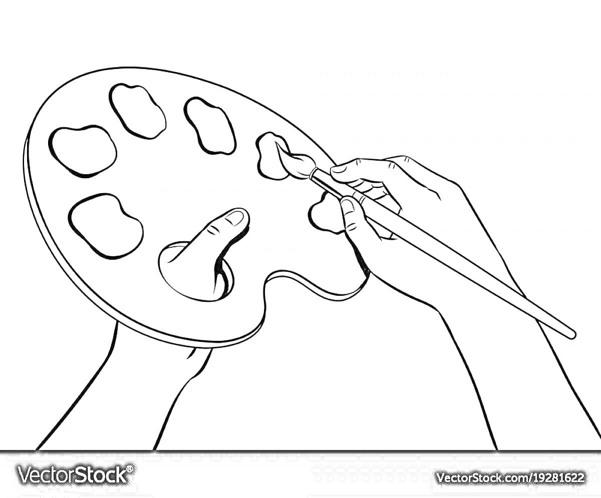 Раскраска Профессиональные руки художника с палитрой и кистью заполненные акварельными красками