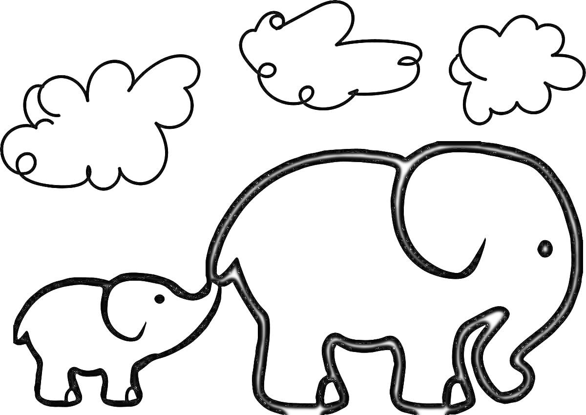 Раскраска Два слона (взрослый и детеныш) на фоне облаков