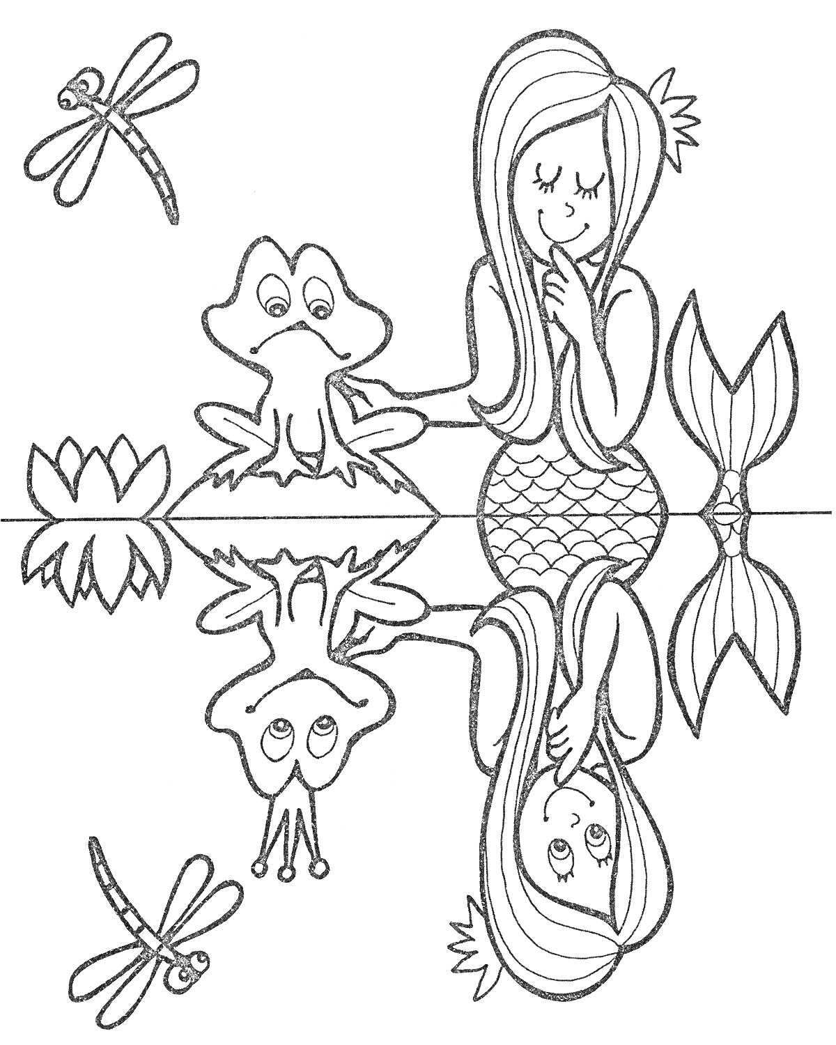 На раскраске изображено: Русалка, Водоем, Лягушки, Стрекозы, 6 лет