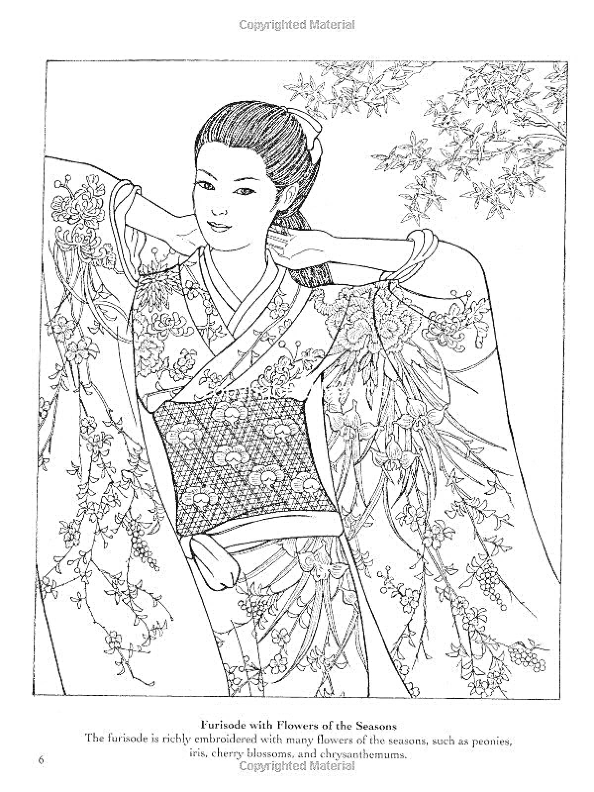 На раскраске изображено: Японка, Кимоно, Цветы, Сакура, Традиционная одежда, Япония, Искусство, Женщина
